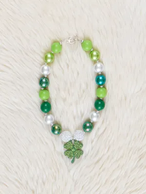 Green & Silver Sparkle Shamrock Charm Bubblegum Necklace