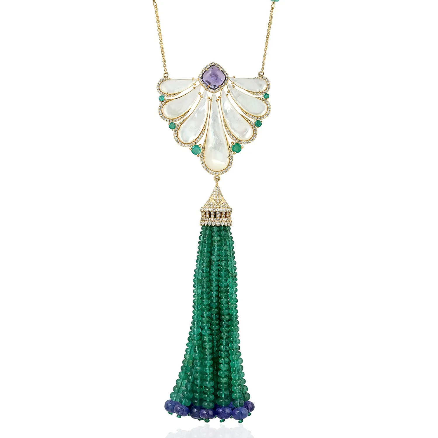 Handmade MOP Tanzanite Emerald Beads 18k Yellow Gold Rope Lariat Necklace On Sale