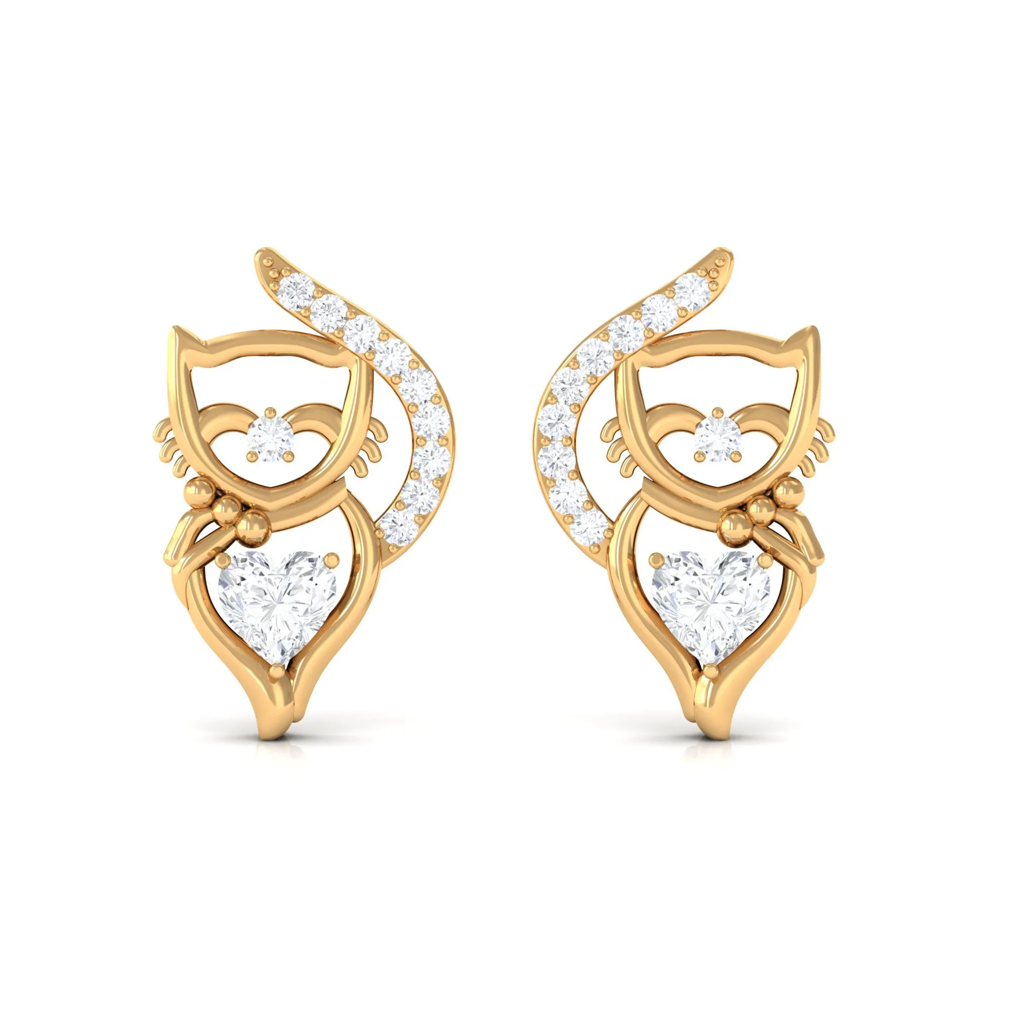 Heart and Round Diamond Animal Stud Earrings