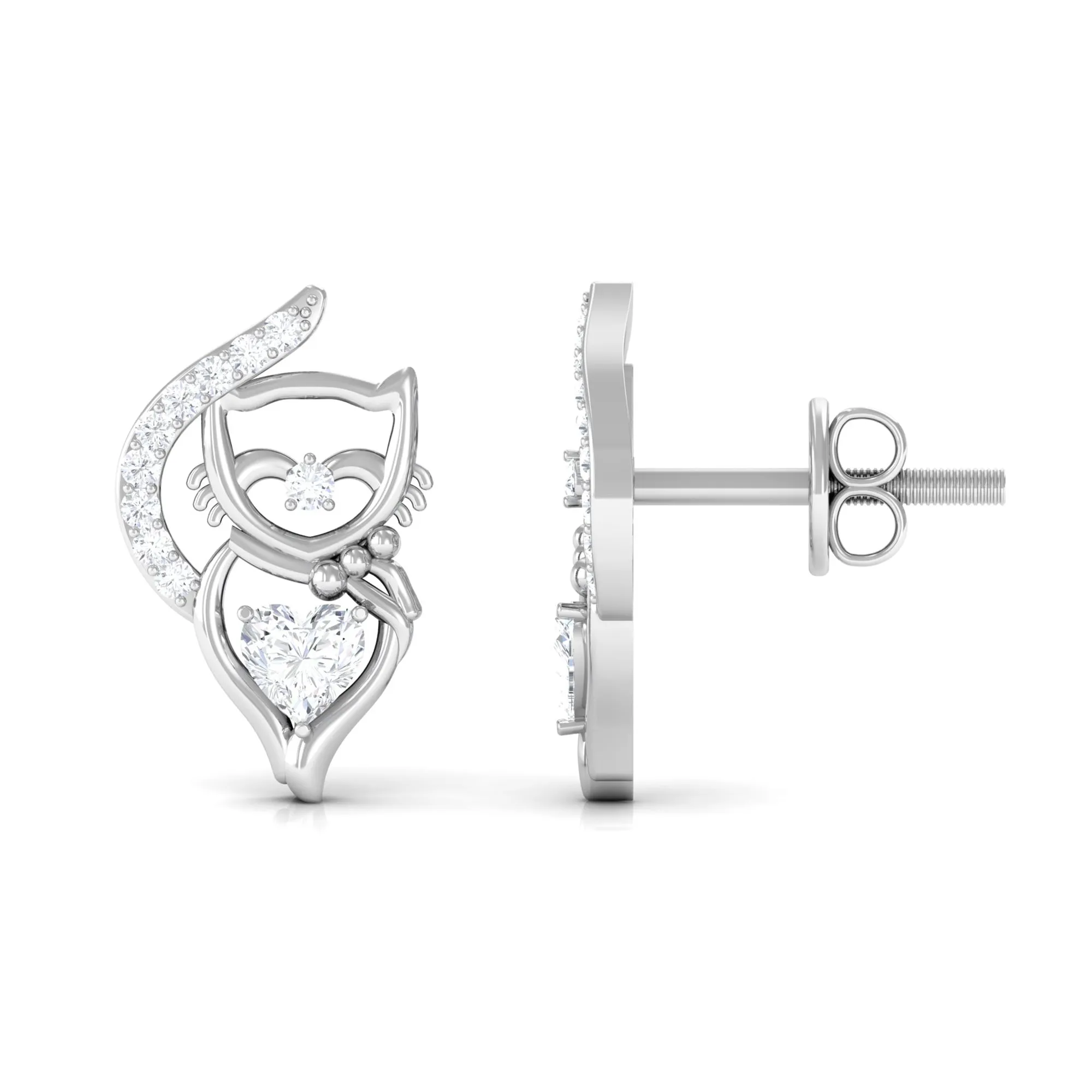 Heart and Round Diamond Animal Stud Earrings