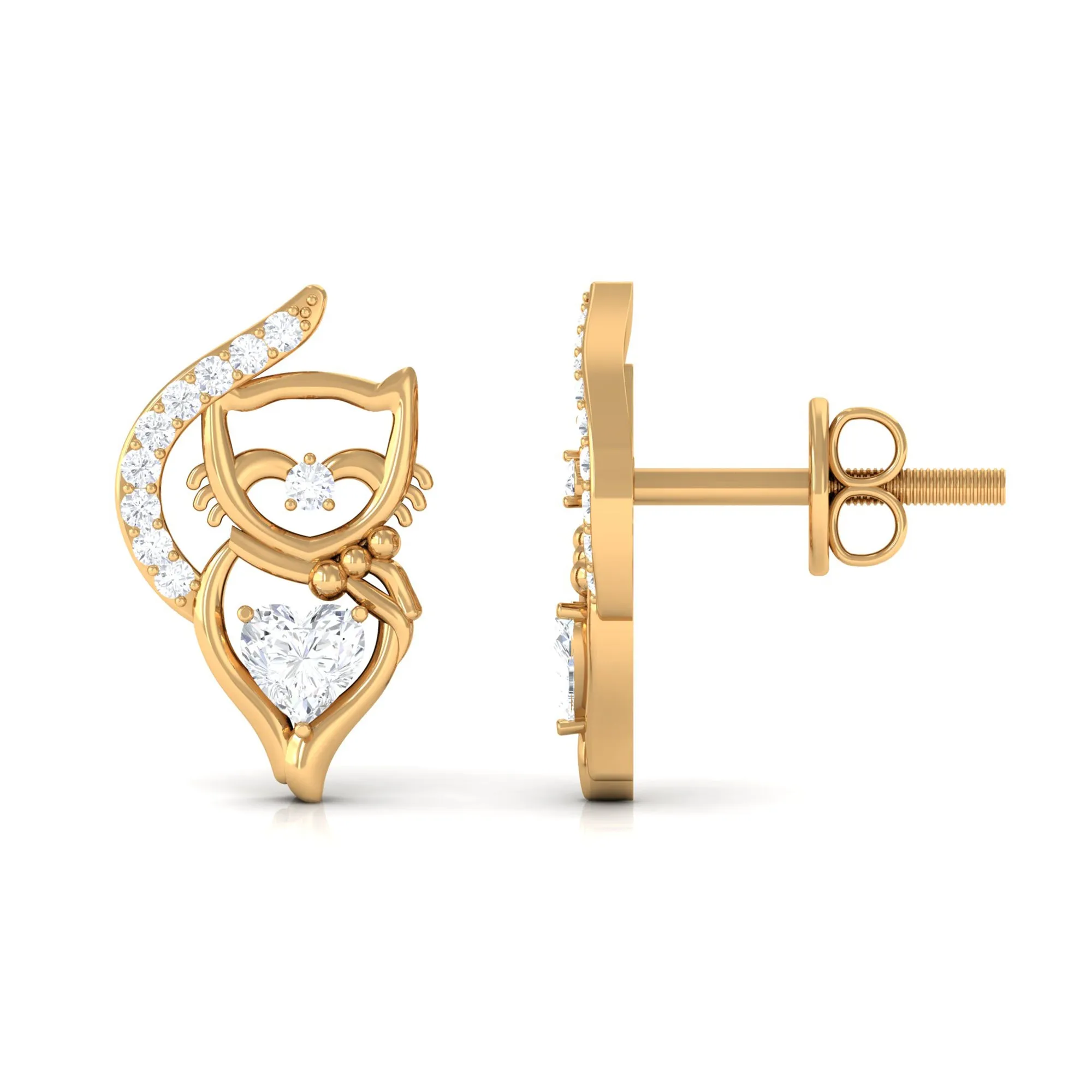 Heart and Round Diamond Animal Stud Earrings