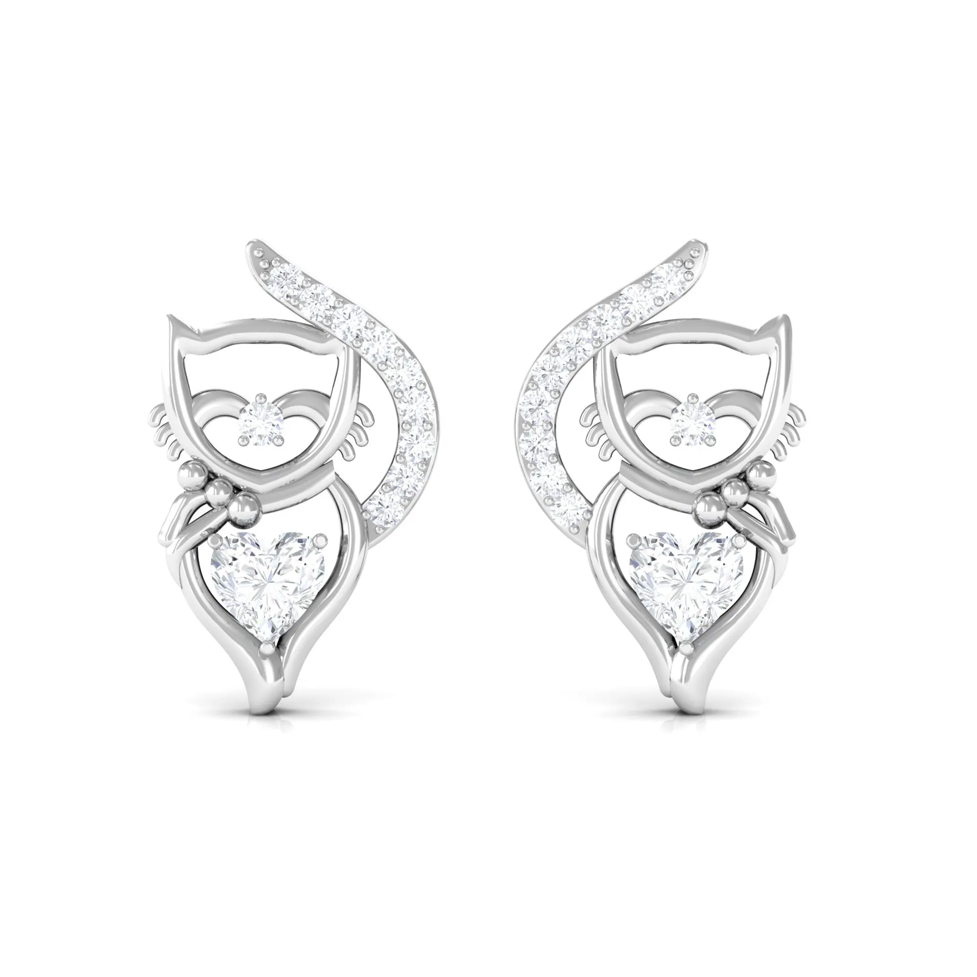 Heart and Round Diamond Animal Stud Earrings