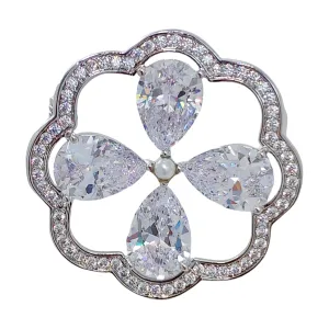 Impressive Opens CZ Circlet Blooming 4-Petal Flower Brooches Pins