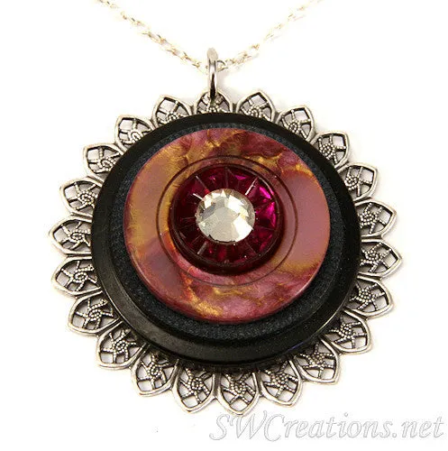 Jet Amethyst Gold New Button Pendant Necklace