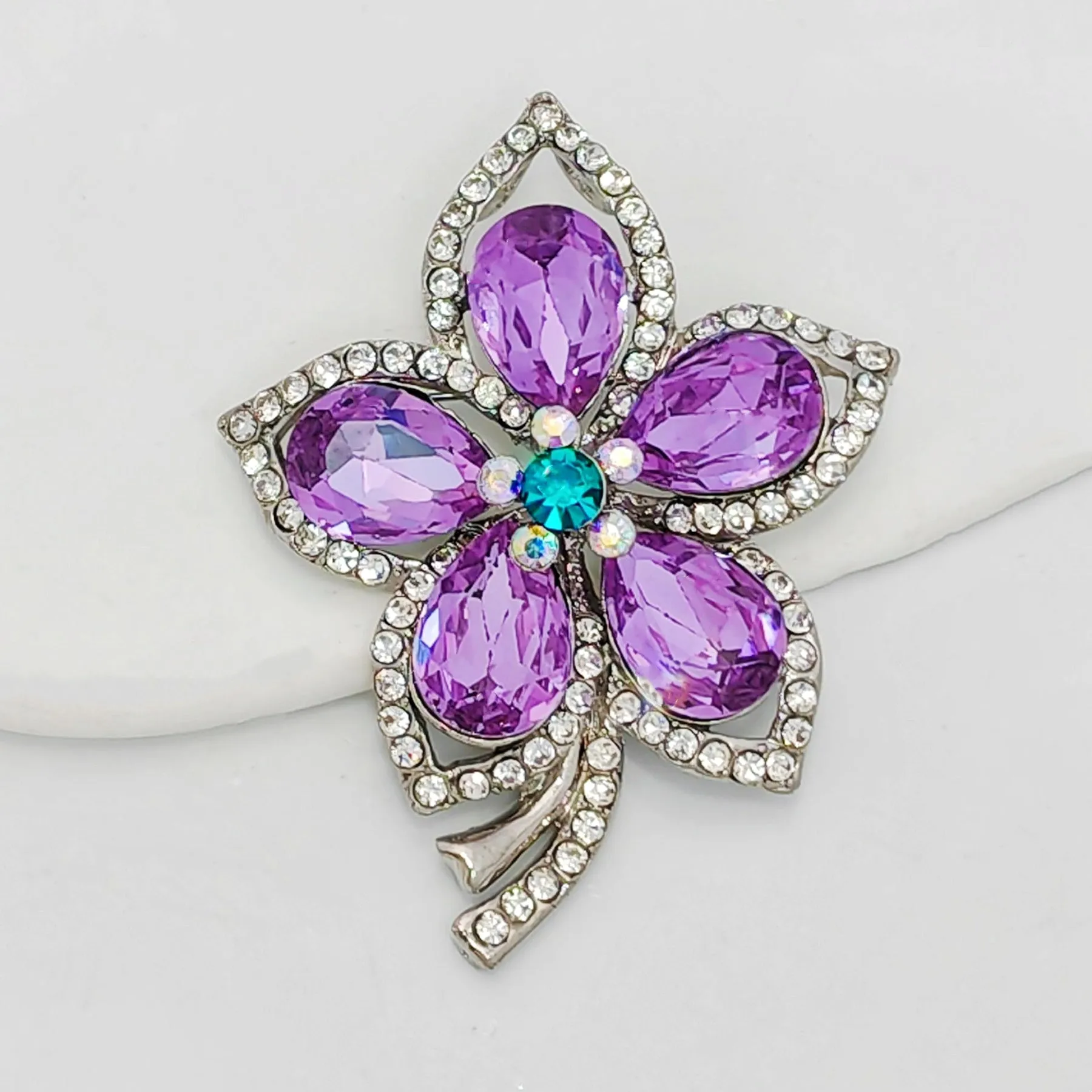 Jewelblings Glamorous Silver Tone Short Stem Opens Studded Five Petal Purple Flower Brooches Pins for Women