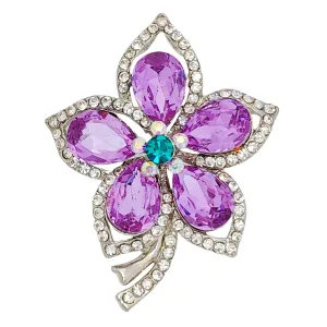 Jewelblings Glamorous Silver Tone Short Stem Opens Studded Five Petal Purple Flower Brooches Pins for Women