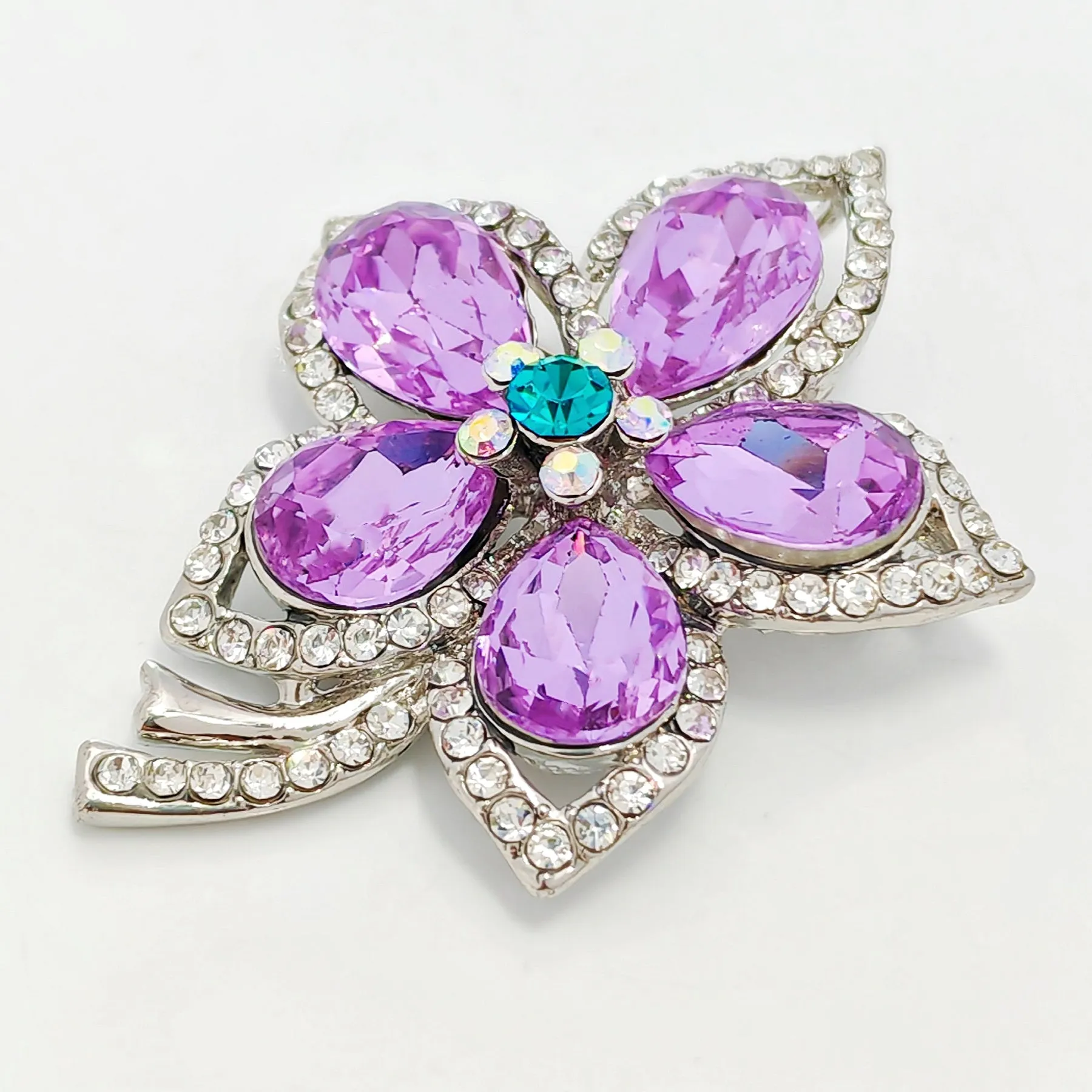 Jewelblings Glamorous Silver Tone Short Stem Opens Studded Five Petal Purple Flower Brooches Pins for Women