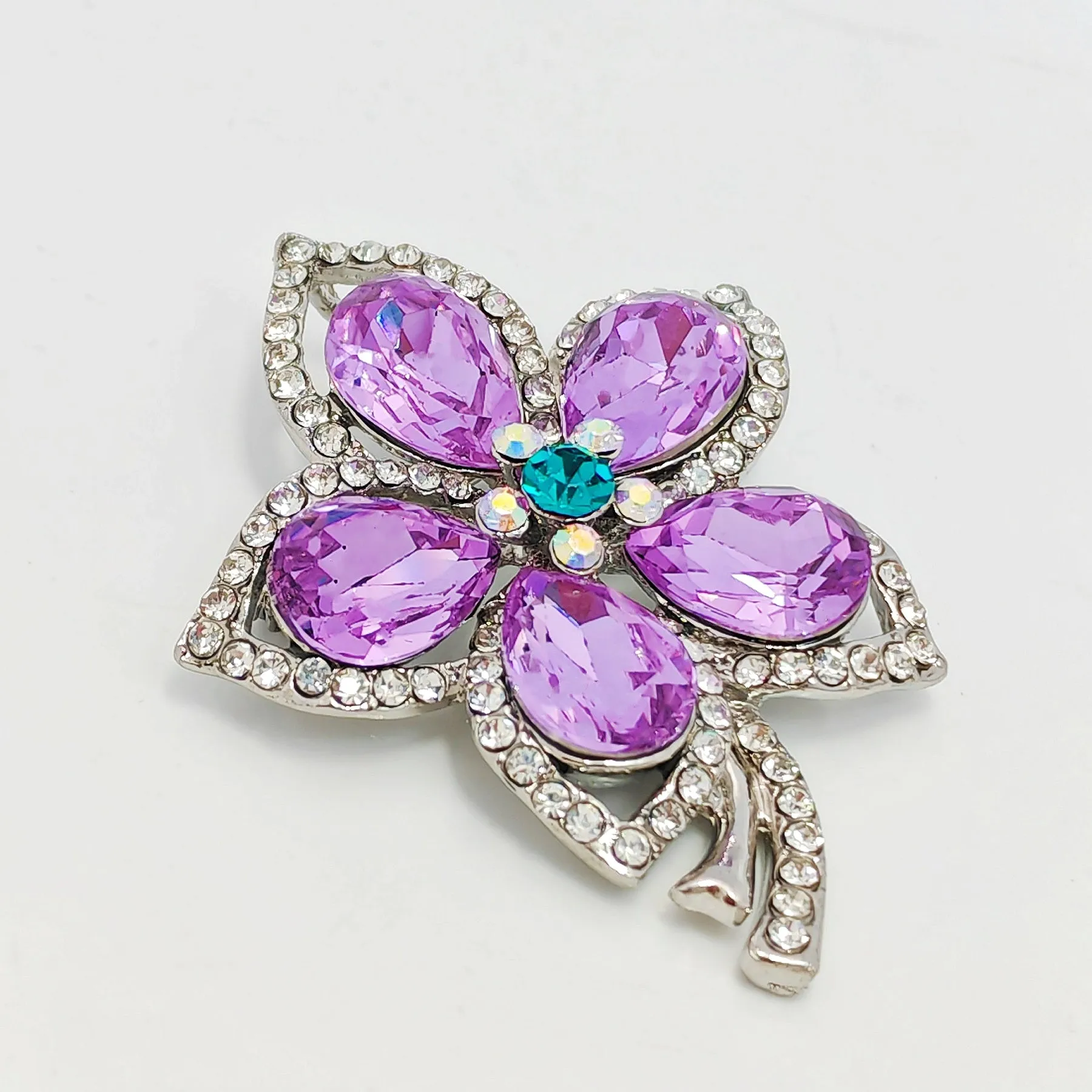 Jewelblings Glamorous Silver Tone Short Stem Opens Studded Five Petal Purple Flower Brooches Pins for Women