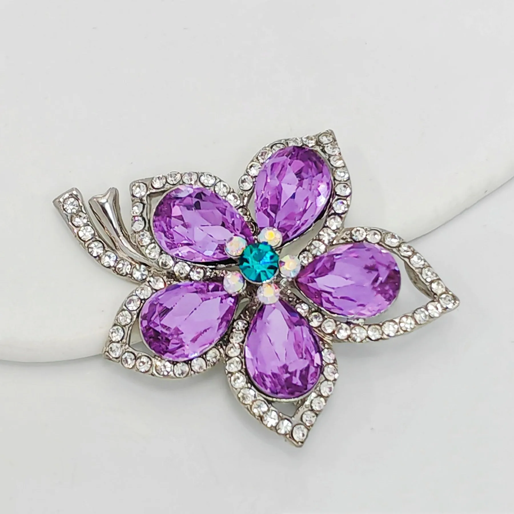 Jewelblings Glamorous Silver Tone Short Stem Opens Studded Five Petal Purple Flower Brooches Pins for Women