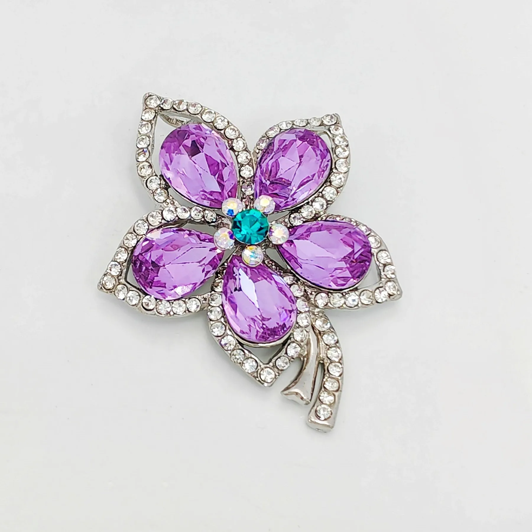 Jewelblings Glamorous Silver Tone Short Stem Opens Studded Five Petal Purple Flower Brooches Pins for Women