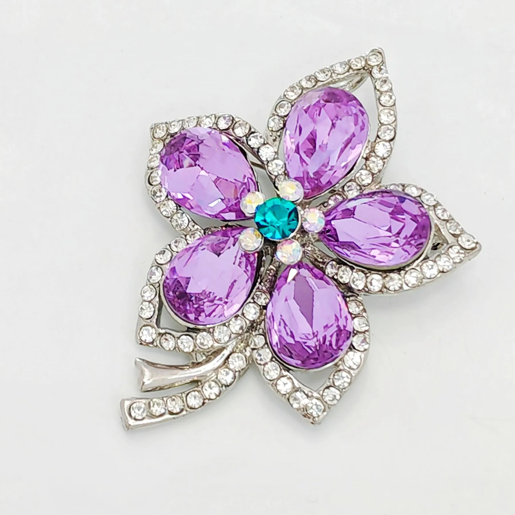 Jewelblings Glamorous Silver Tone Short Stem Opens Studded Five Petal Purple Flower Brooches Pins for Women