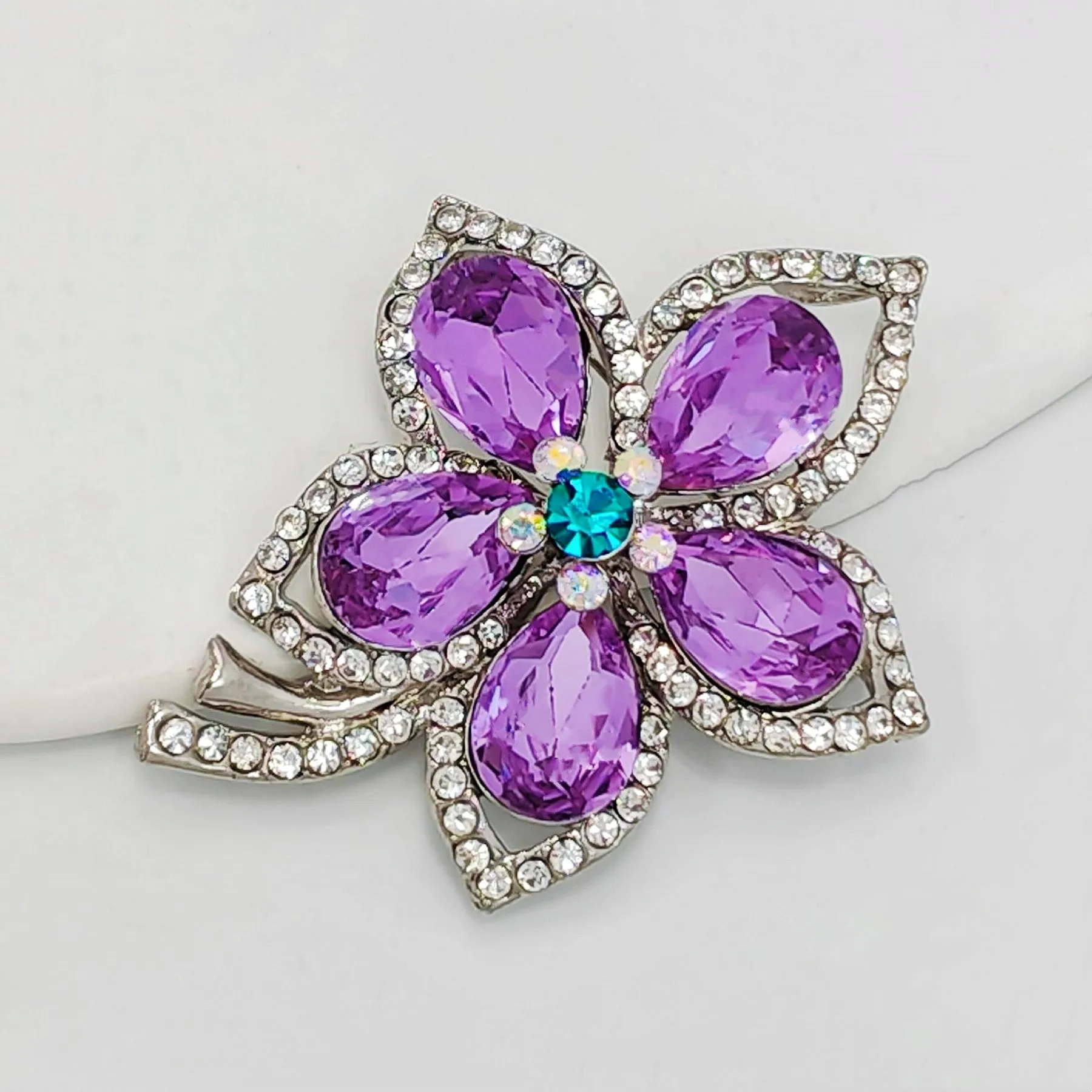 Jewelblings Glamorous Silver Tone Short Stem Opens Studded Five Petal Purple Flower Brooches Pins for Women