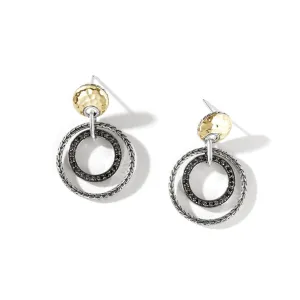 John Hardy Classic Chain Silver & 18K Gold Hammered Double Circle Earrings with Treated Black Sapphire