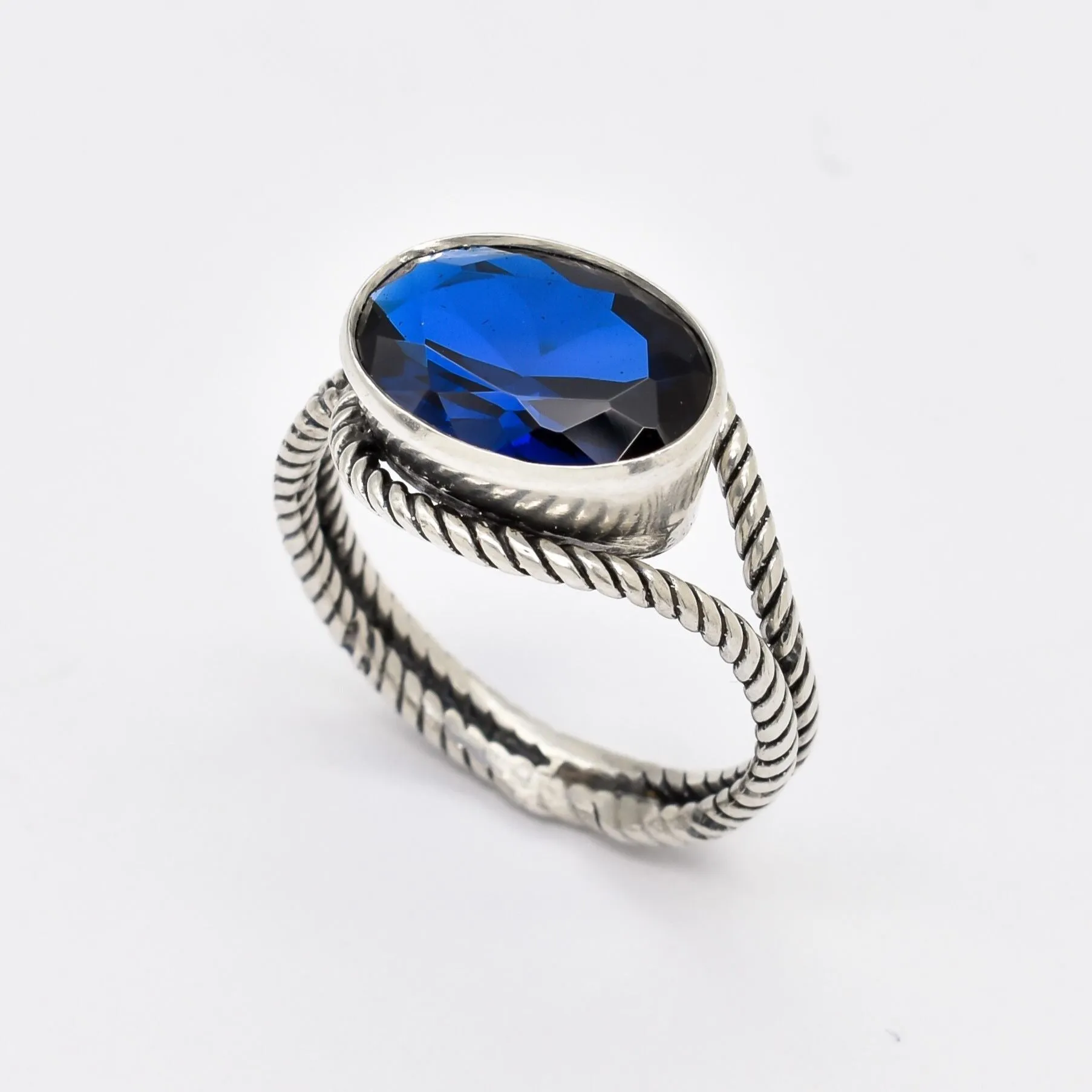 Large Sapphire Ring - Blue Statement Ring - Horizontal Vintage Ring