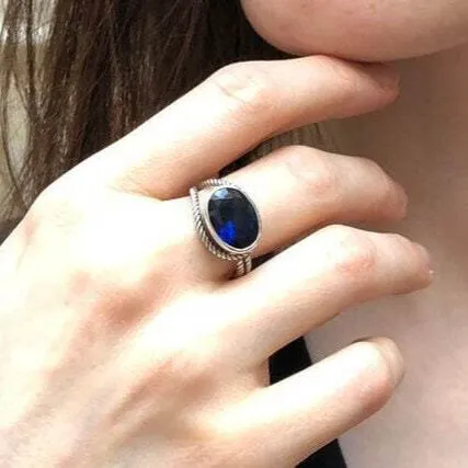 Large Sapphire Ring - Blue Statement Ring - Horizontal Vintage Ring