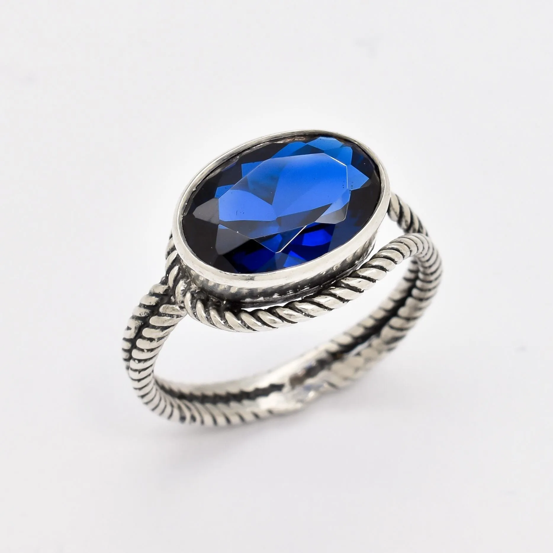 Large Sapphire Ring - Blue Statement Ring - Horizontal Vintage Ring