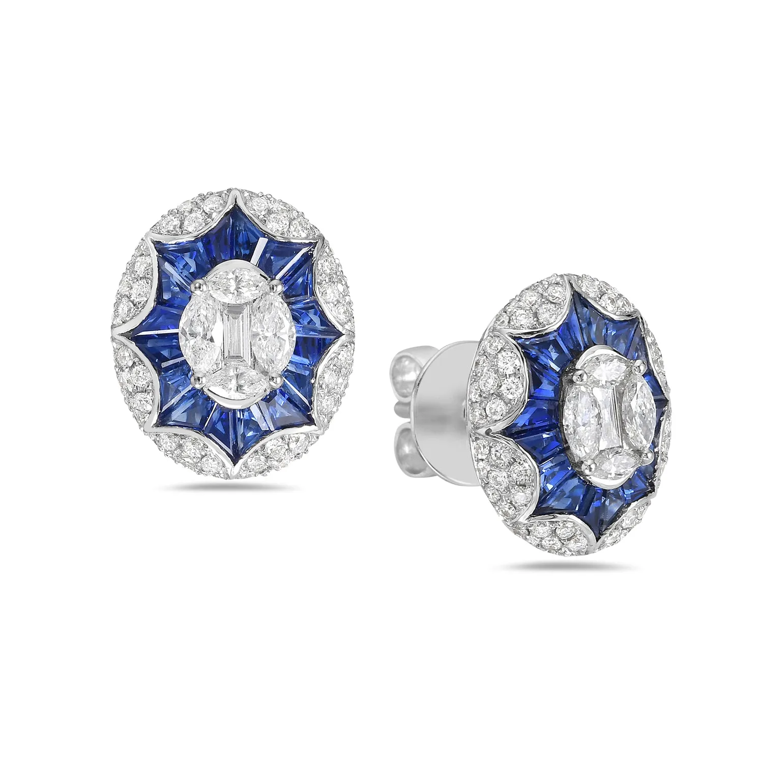 Marquise Diamond Blue Sapphire Oval Stud Earrings in 18k Gold