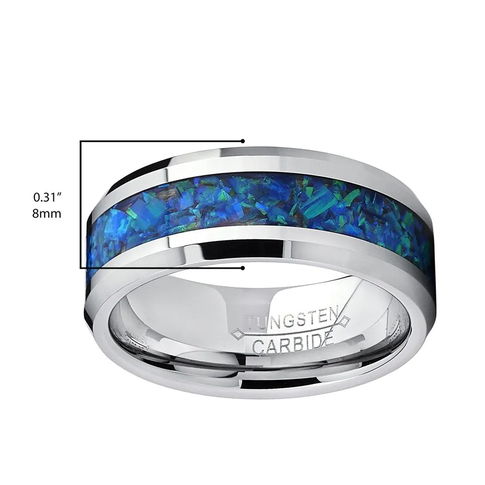 Men'S 8MM Tungsten Carbide Wedding Band Ring with Blue Green Simulated Opal Inlay 8MM Size 8