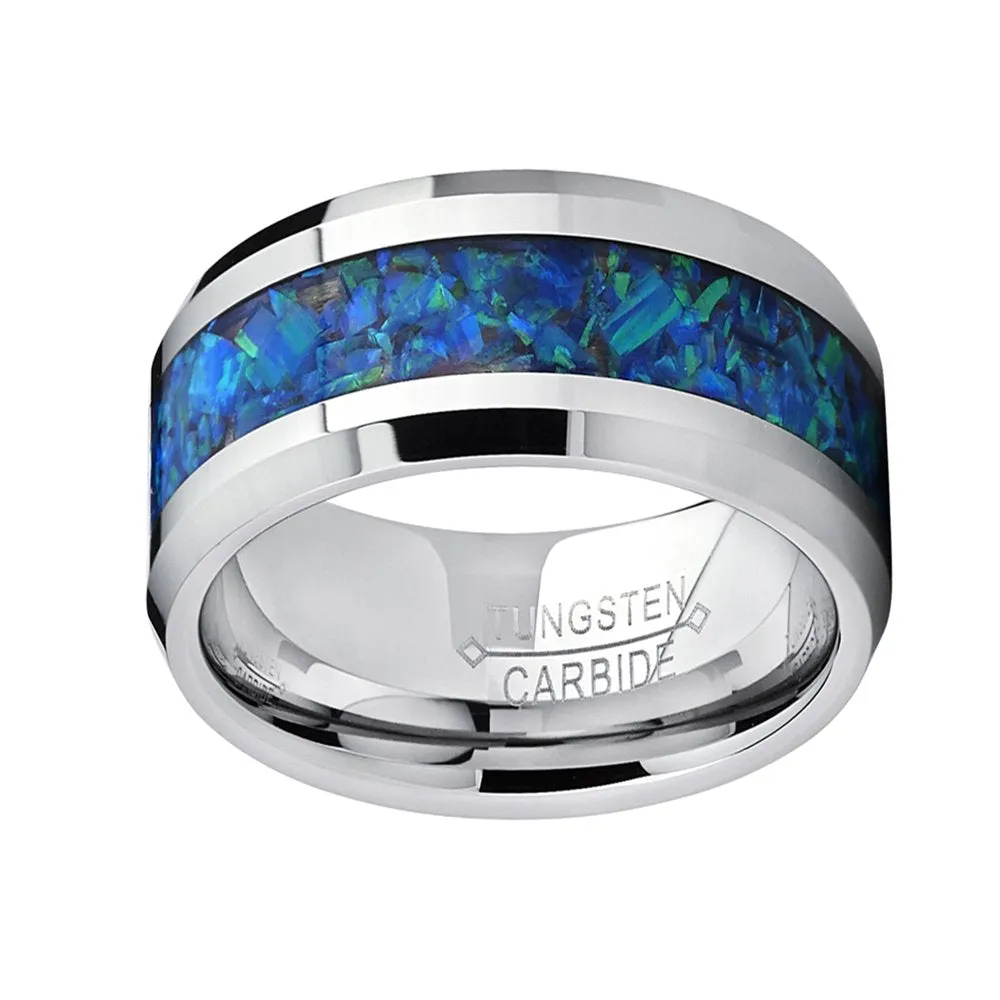 Men'S 8MM Tungsten Carbide Wedding Band Ring with Blue Green Simulated Opal Inlay 8MM Size 8