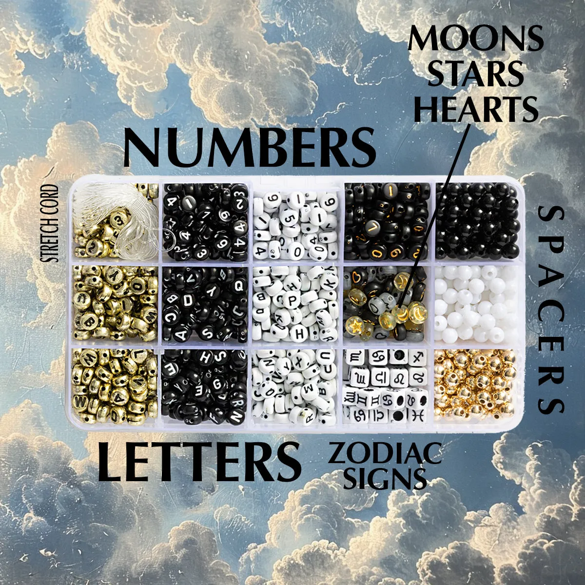 Number Astrology Zodiac Symbol Metallic Gold and Black Letter Bead Kit Box