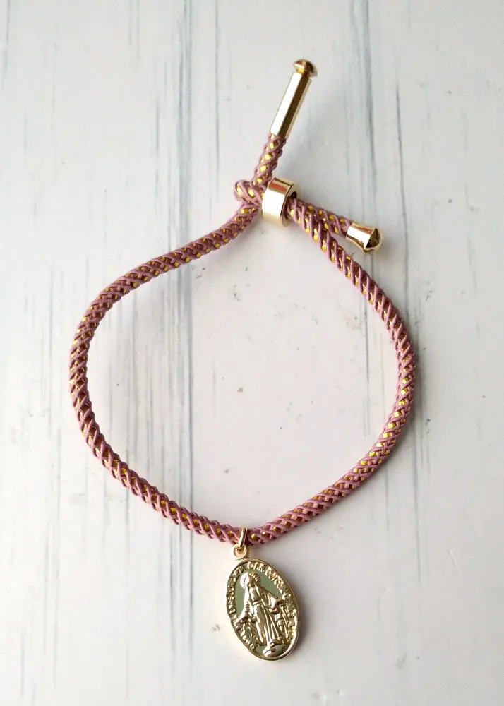 Olivia 2 Miraculous Medal Metallic Cord Slider Bracelet