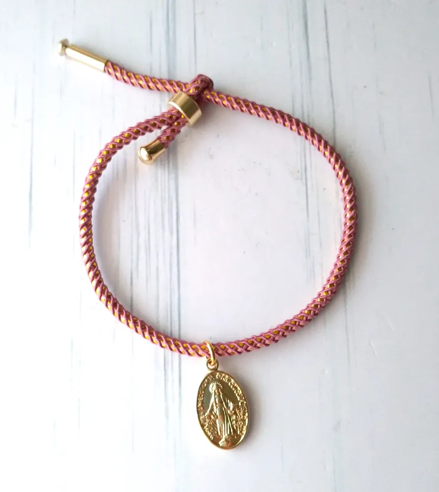 Olivia 2 Miraculous Medal Metallic Cord Slider Bracelet