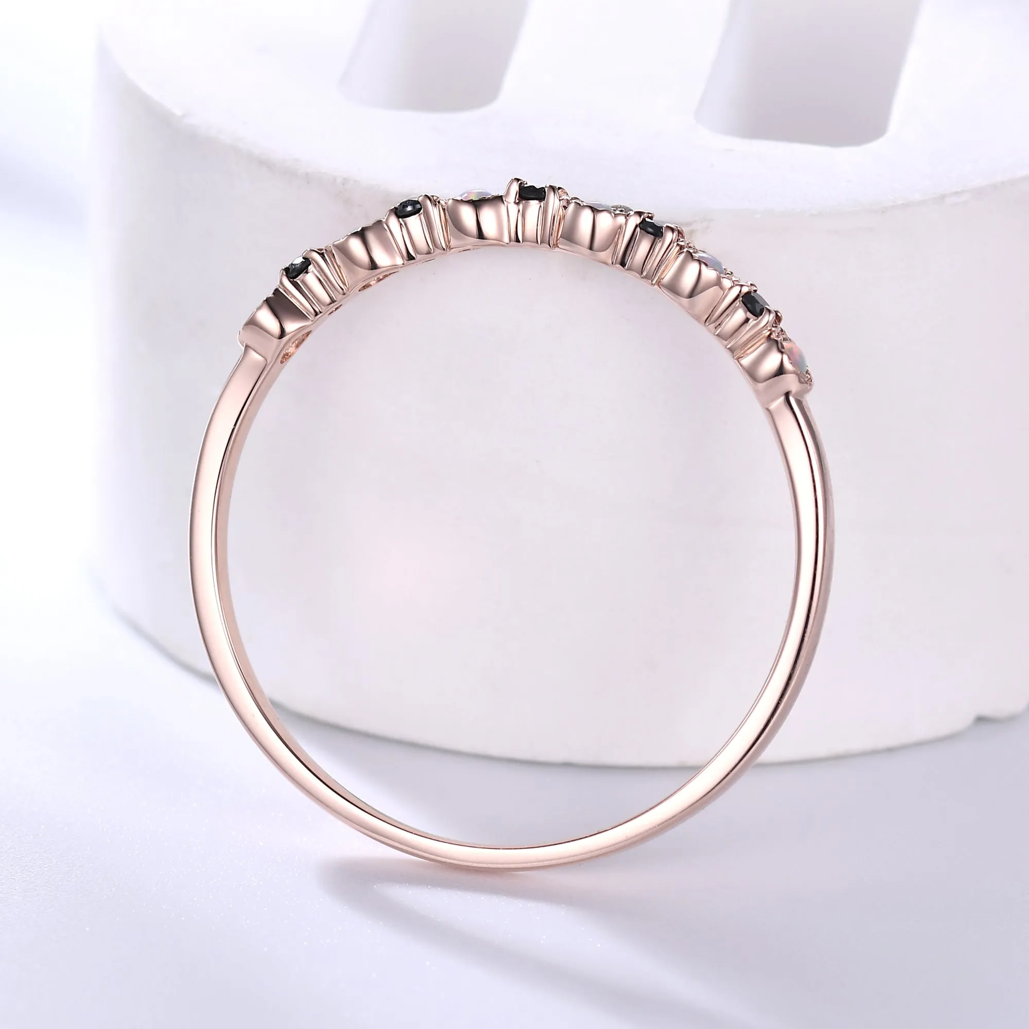 Opal Black Onyx Wedding Band 14k Rose Gold Stackable Milgrain Ring for Her