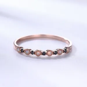 Opal Black Onyx Wedding Band 14k Rose Gold Stackable Milgrain Ring for Her