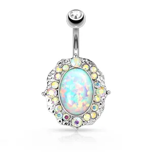 Opal Center with AB Crystals Belly Ring - Silver