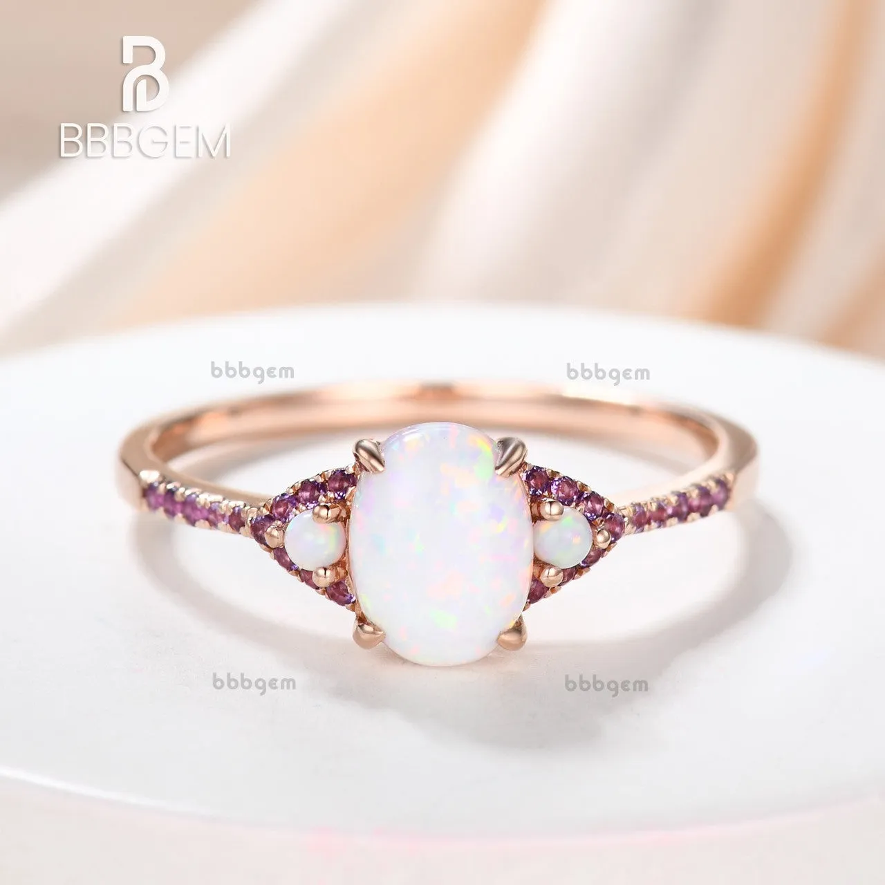 Oval Created Opal And Amethyst Halo Accents Three Stone Engagement Ring in 14K