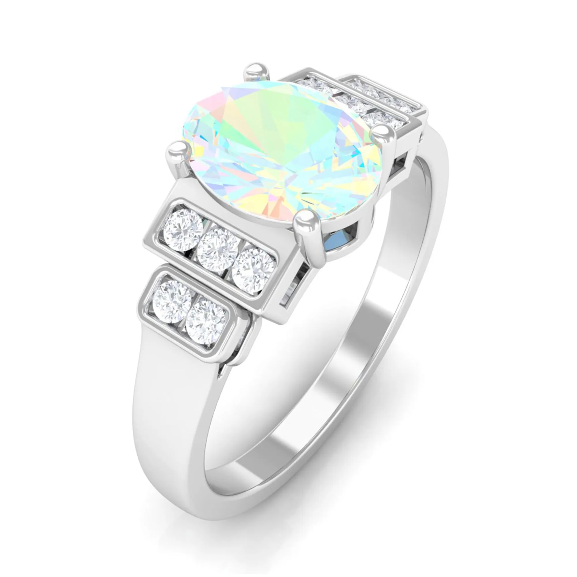 Oval Ethiopian Opal Solitaire Ring with Diamond Collar