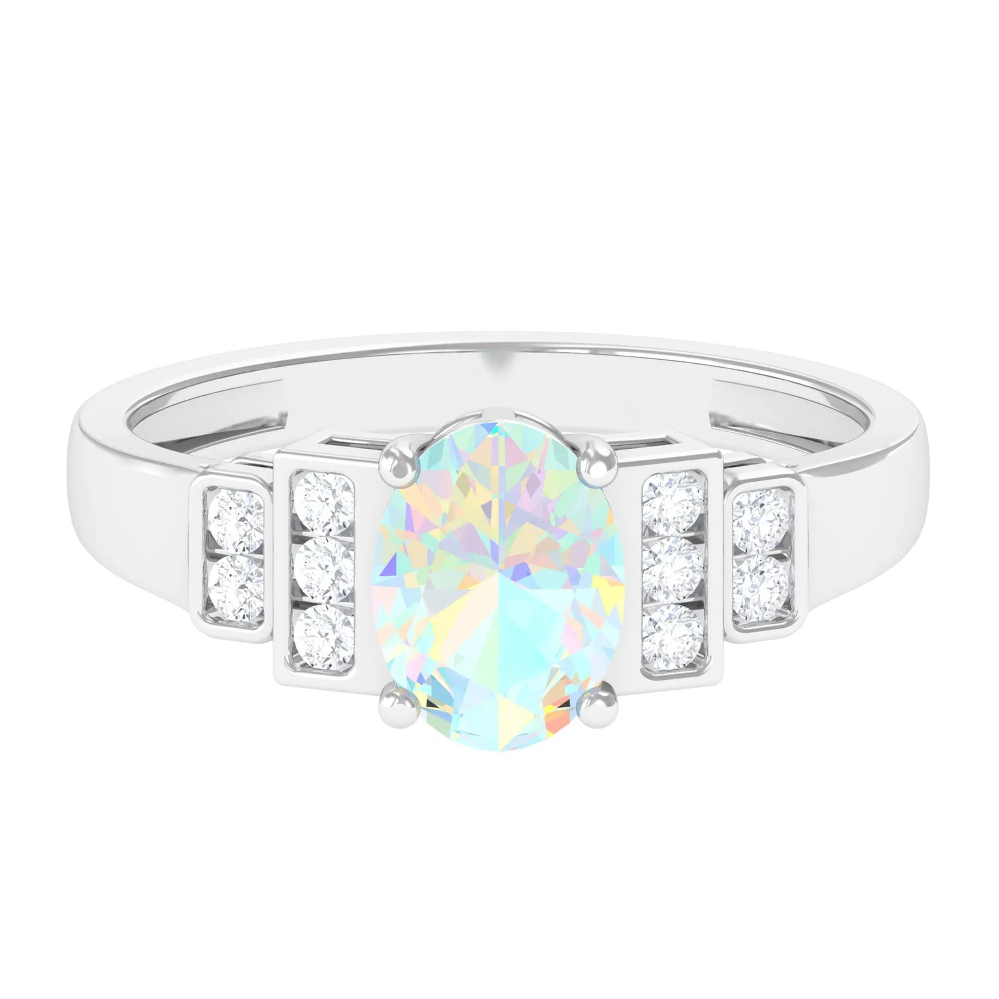 Oval Ethiopian Opal Solitaire Ring with Diamond Collar