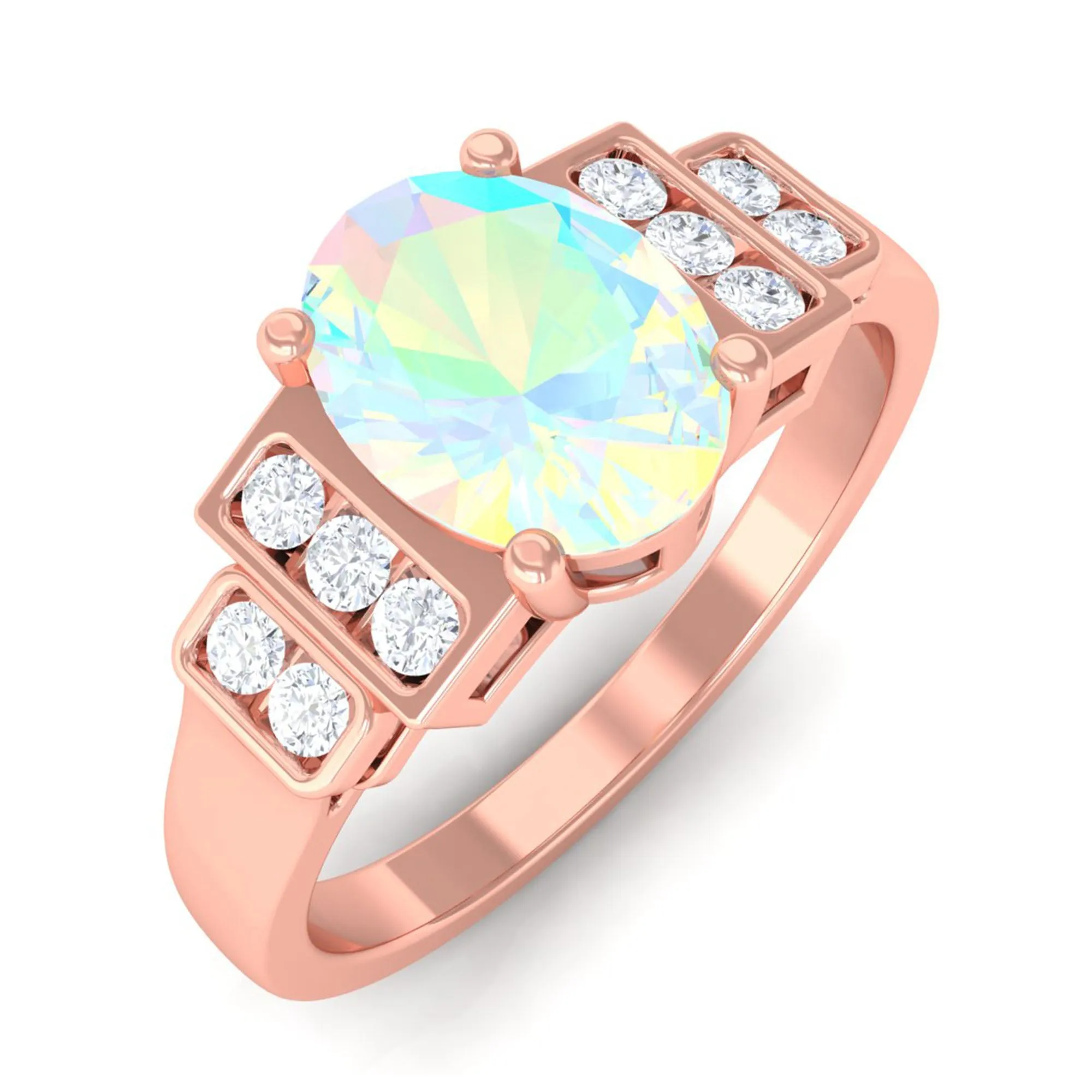 Oval Ethiopian Opal Solitaire Ring with Diamond Collar