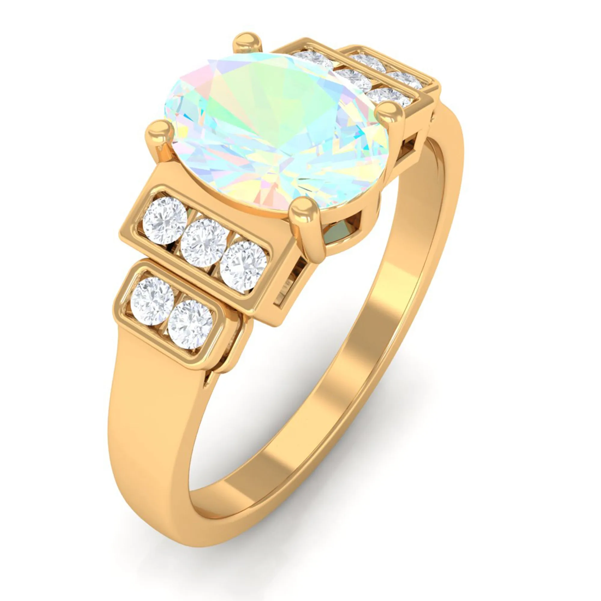 Oval Ethiopian Opal Solitaire Ring with Diamond Collar