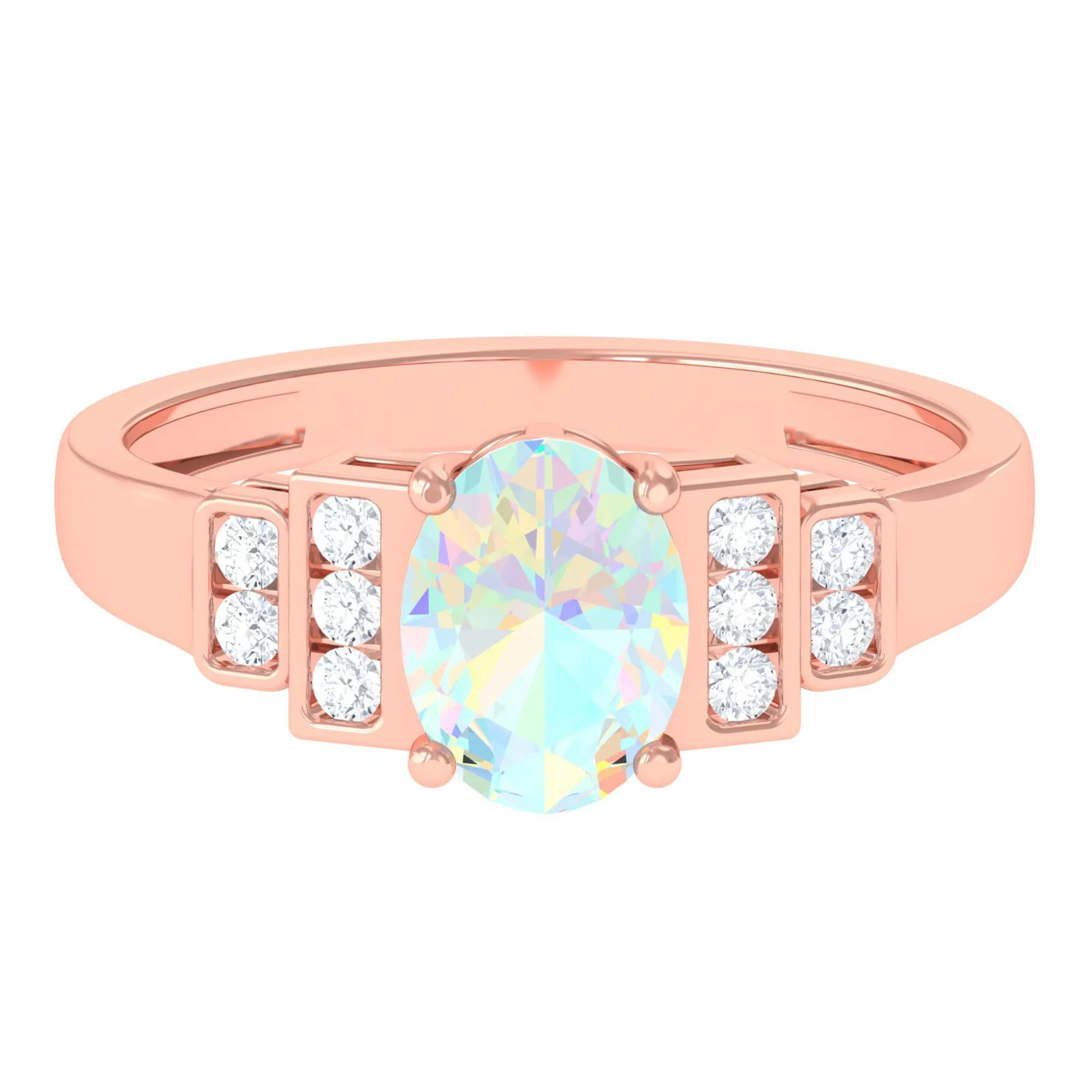 Oval Ethiopian Opal Solitaire Ring with Diamond Collar