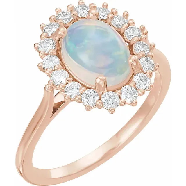 Oval Natural Opal Setting with Diamond Accented Halo and Cathedral Shank Ring