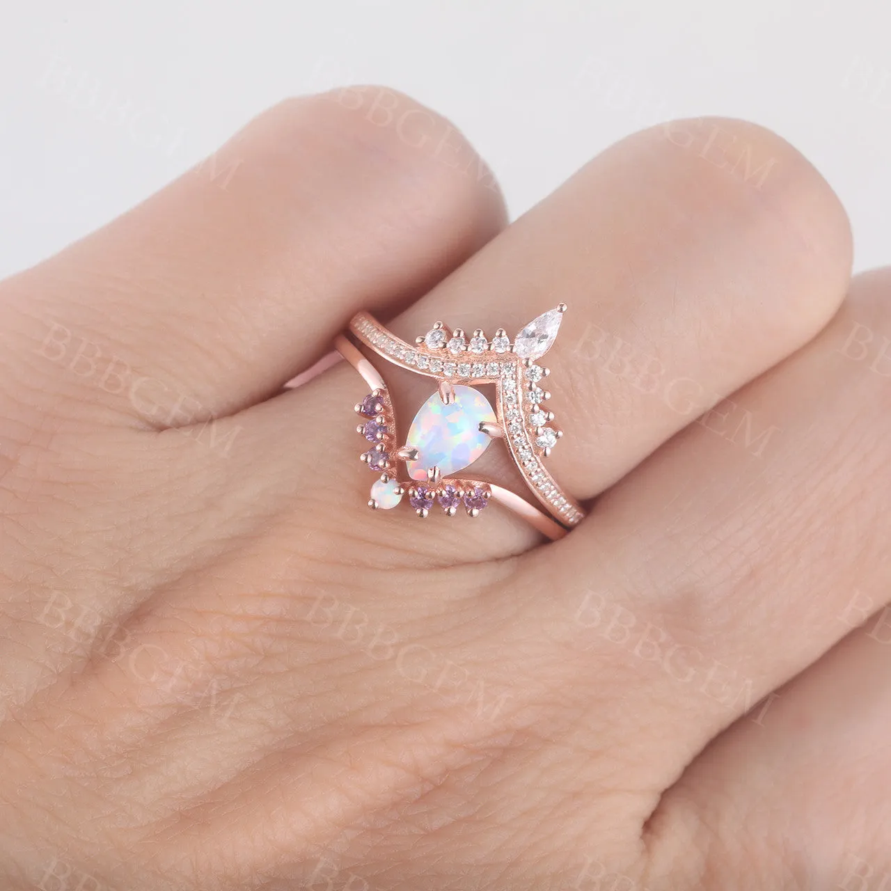 Pear Cut White Fire Opal Engagement Ring Set 14k Rose Gold Amethyst Matching Band