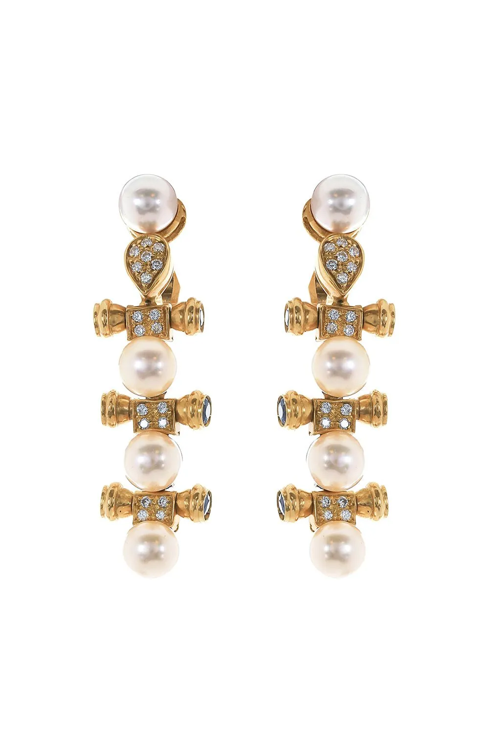 Pearl Diamond Sapphire Drop Earrings