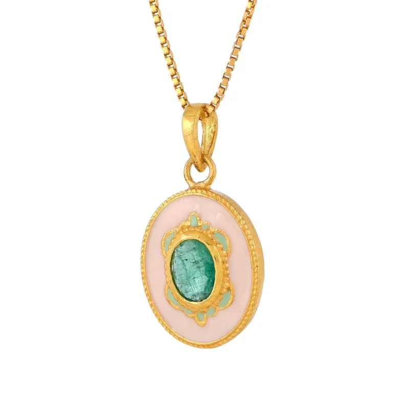 Pink Enamel & Emerald Pendant Necklace