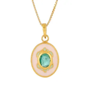 Pink Enamel & Emerald Pendant Necklace