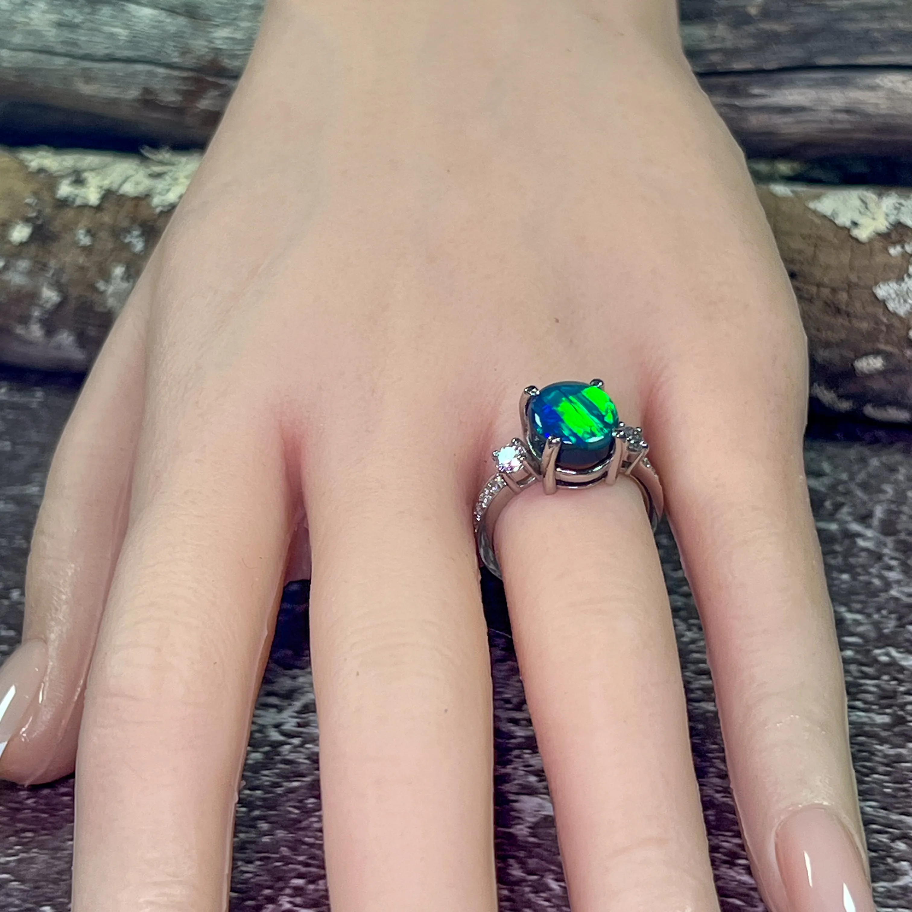 Platinum Black Opal green flash and diamond ring