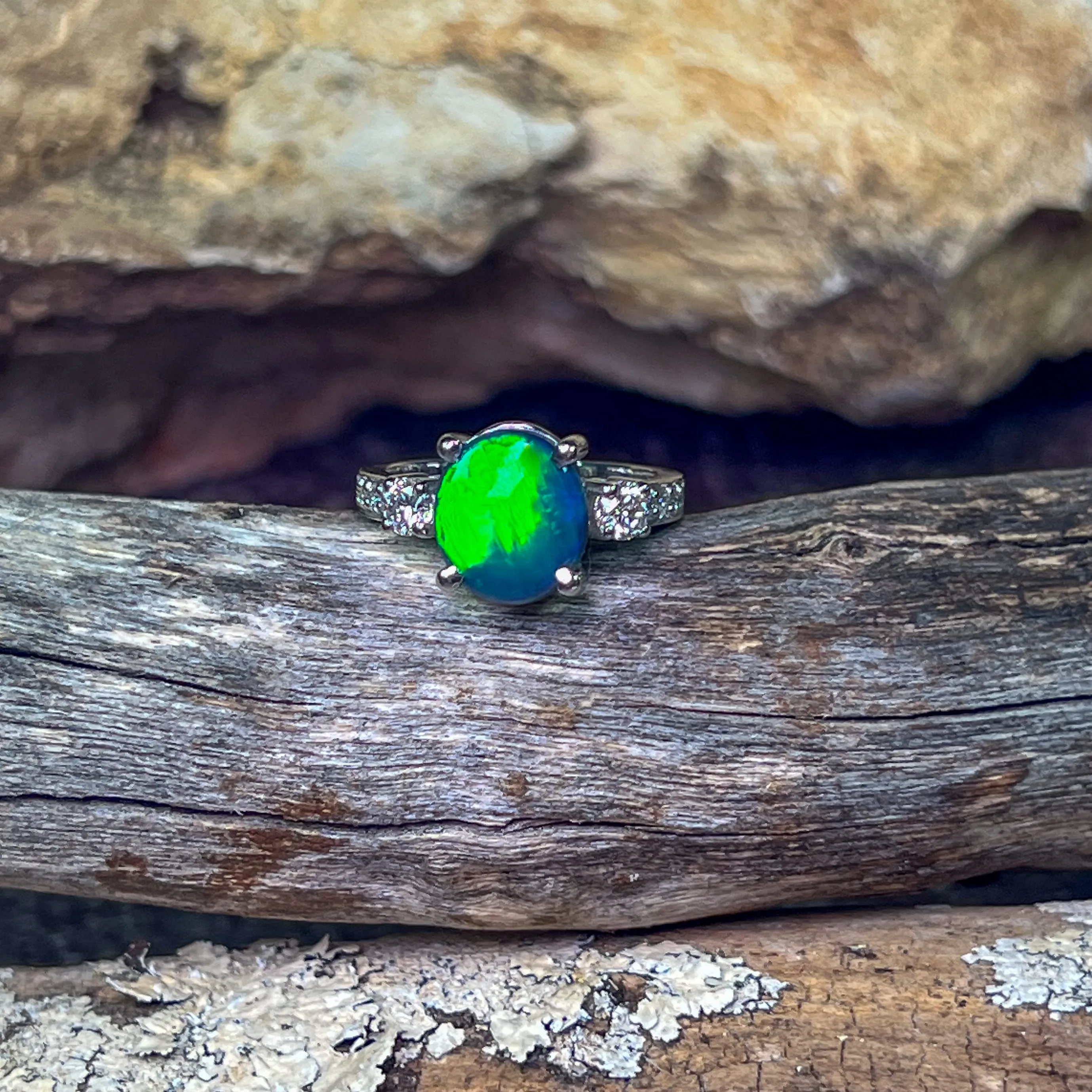 Platinum Black Opal green flash and diamond ring