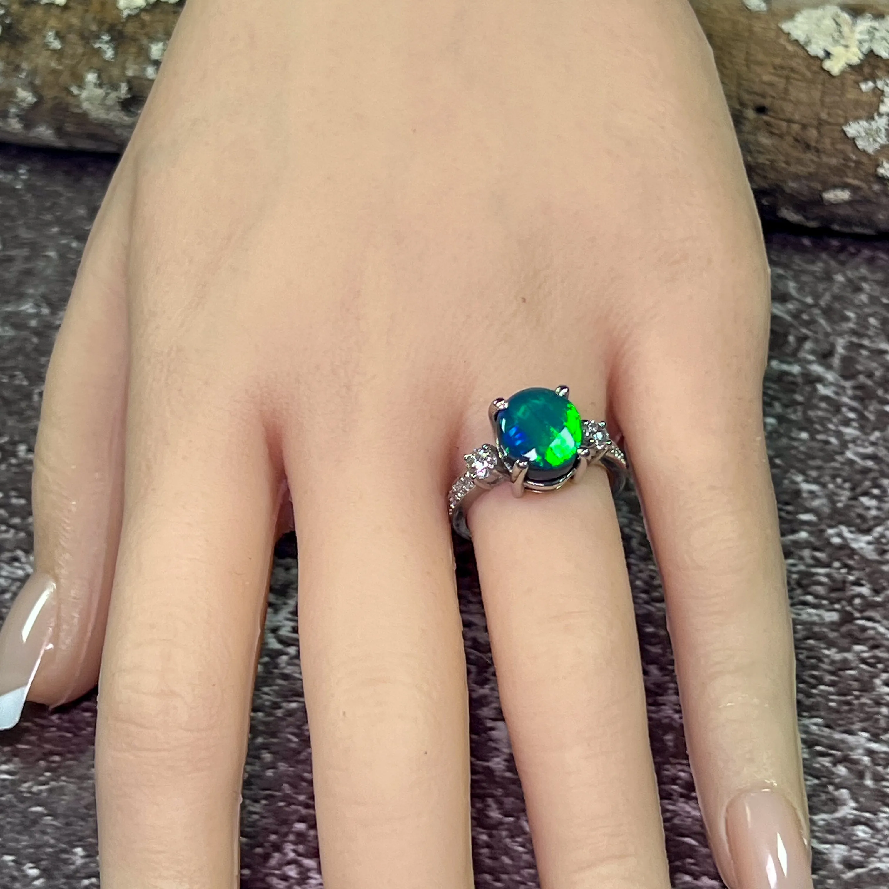 Platinum Black Opal green flash and diamond ring