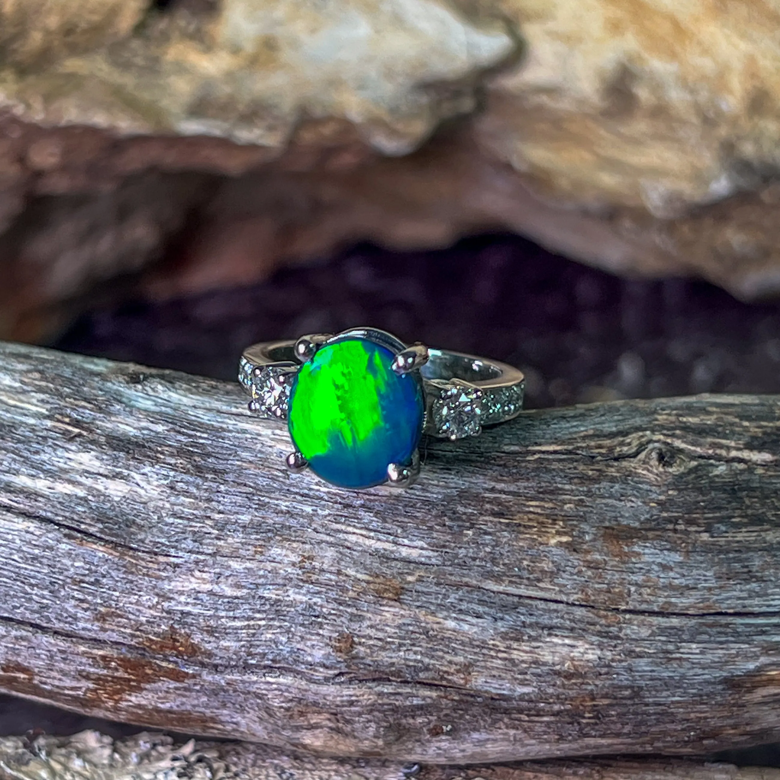 Platinum Black Opal green flash and diamond ring