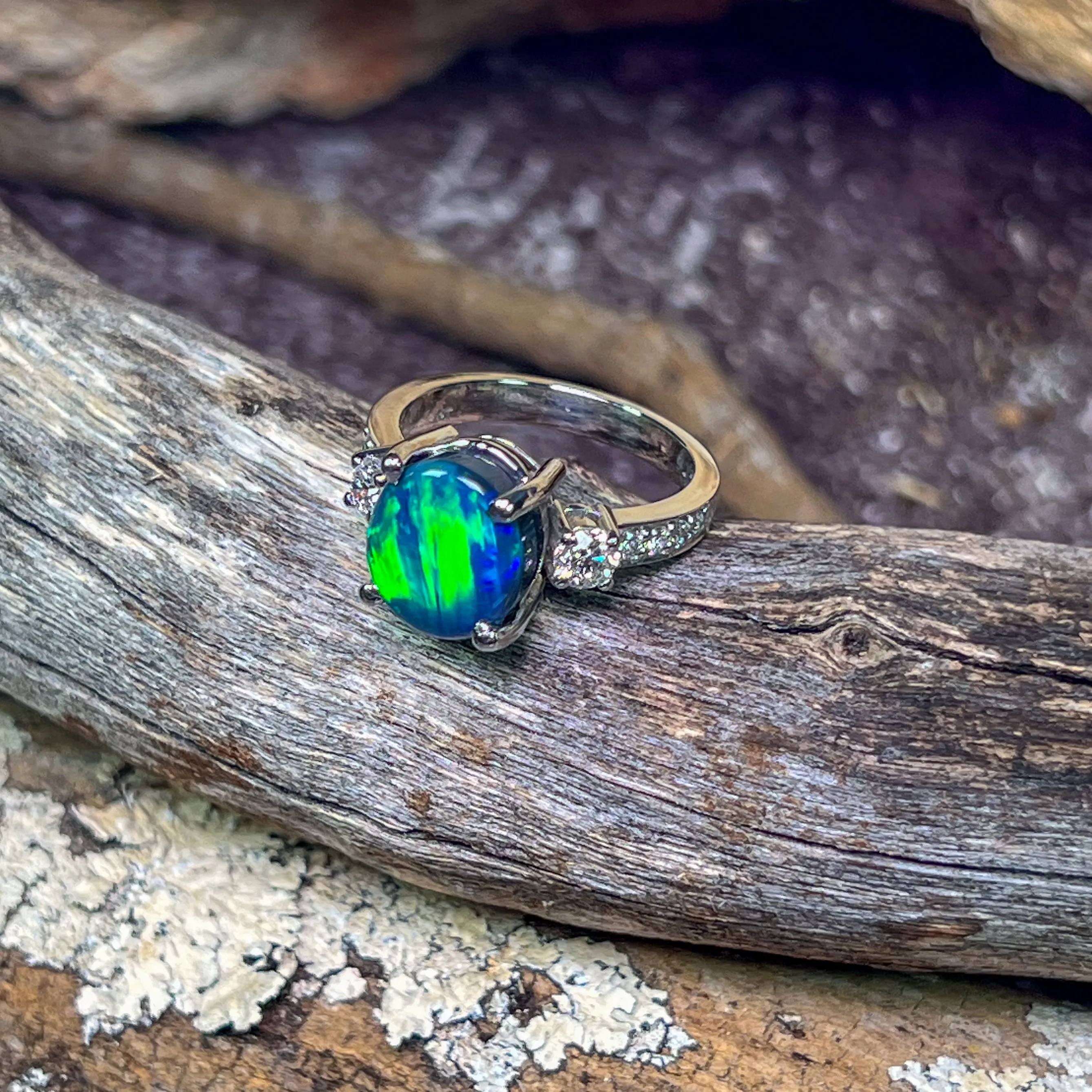 Platinum Black Opal green flash and diamond ring