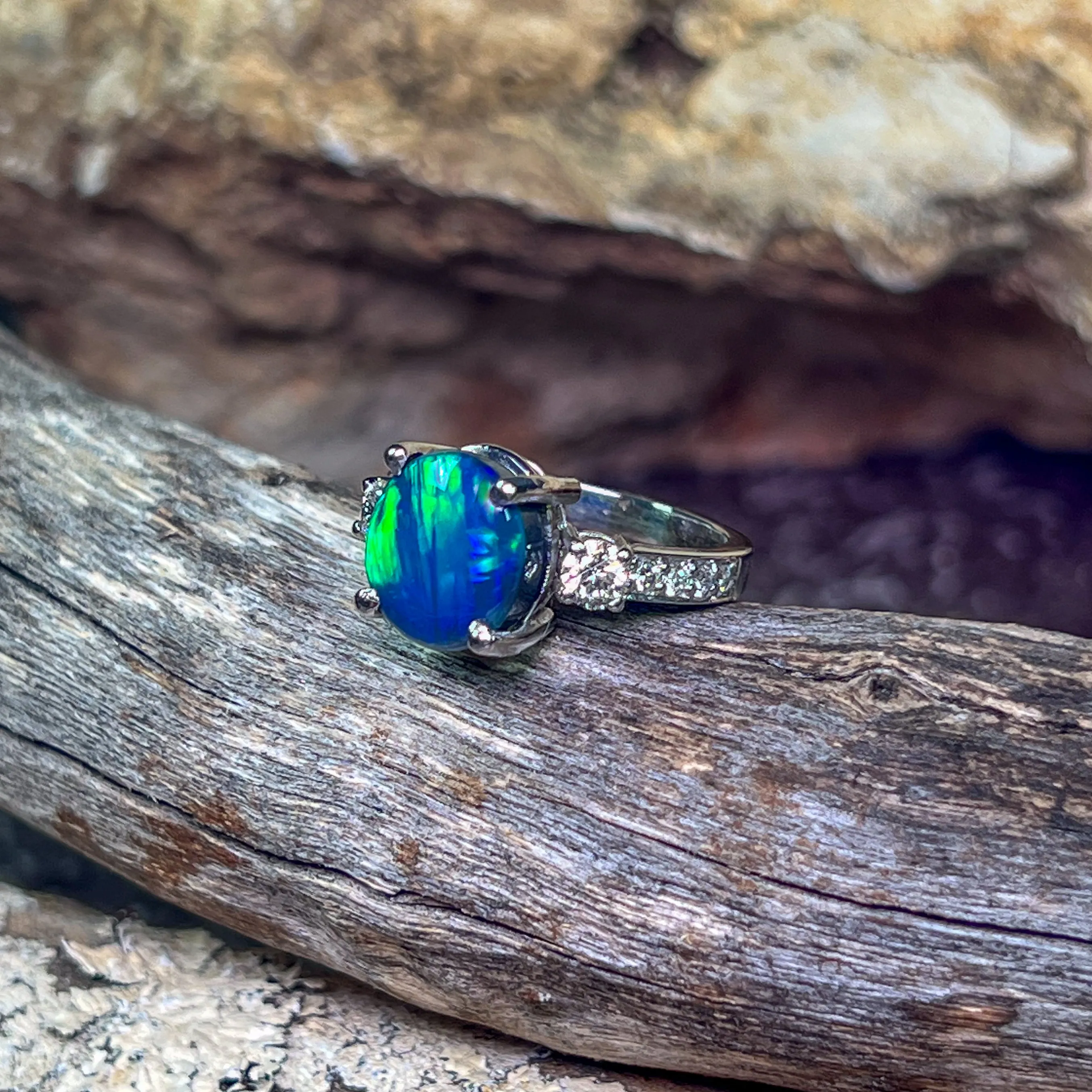 Platinum Black Opal green flash and diamond ring