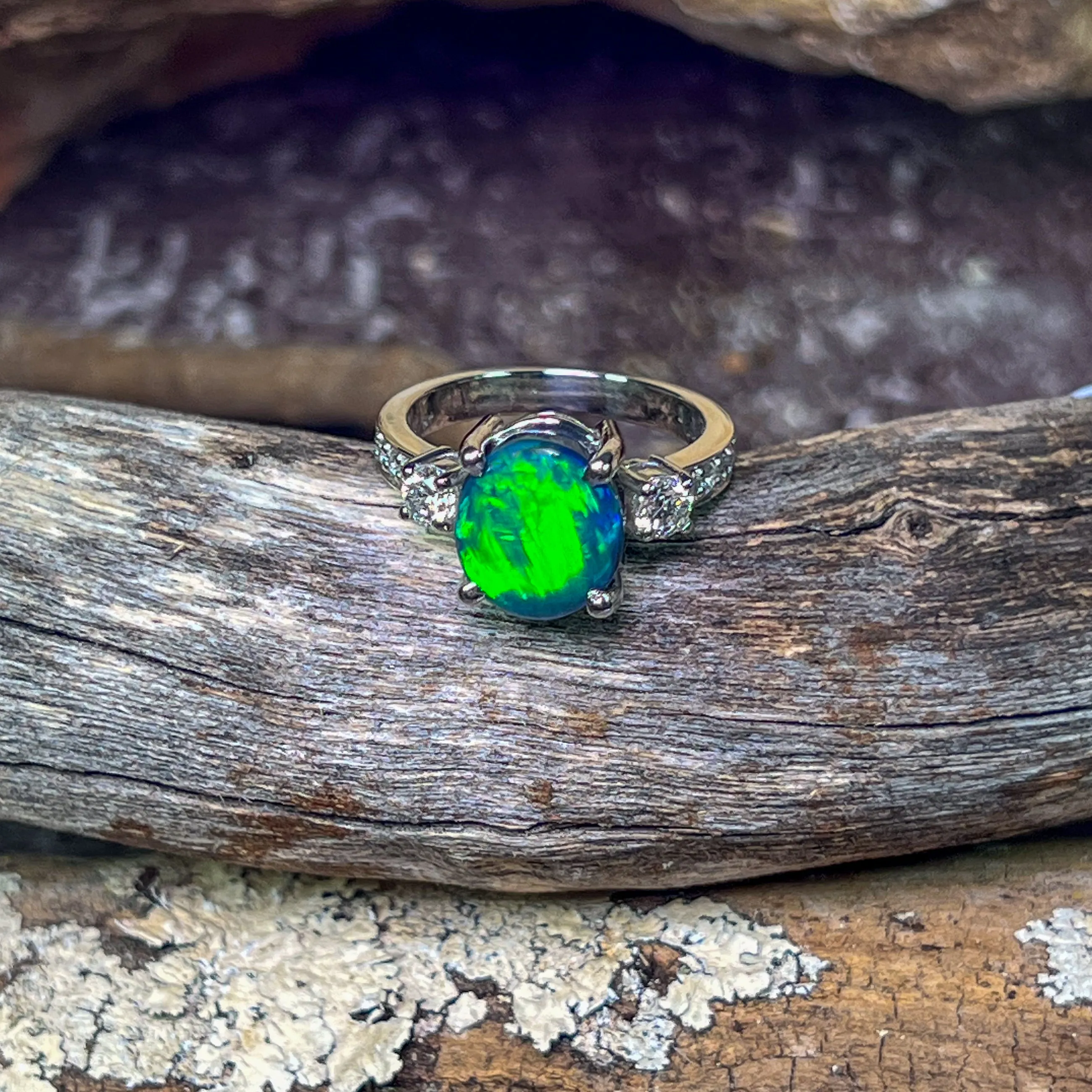 Platinum Black Opal green flash and diamond ring