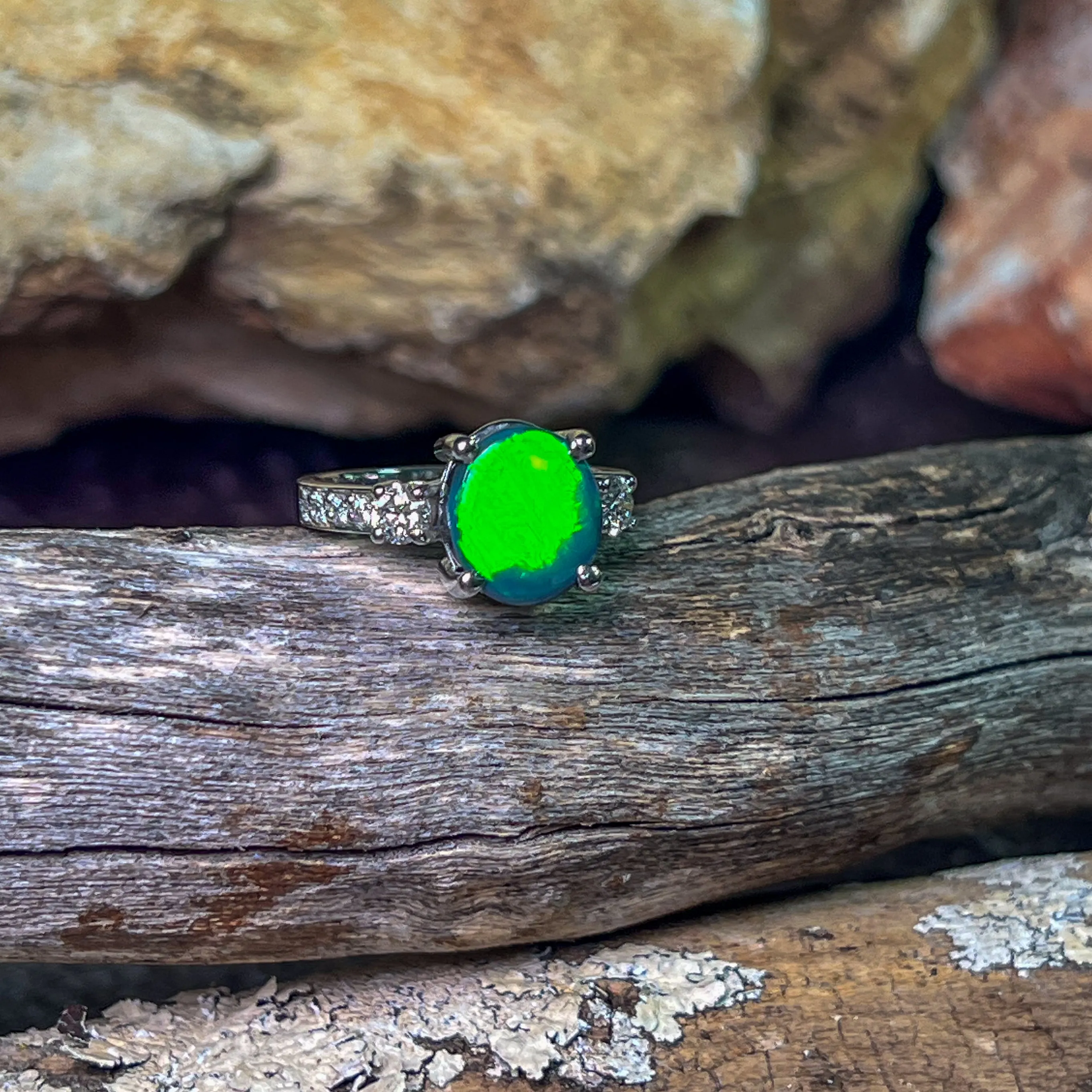 Platinum Black Opal green flash and diamond ring