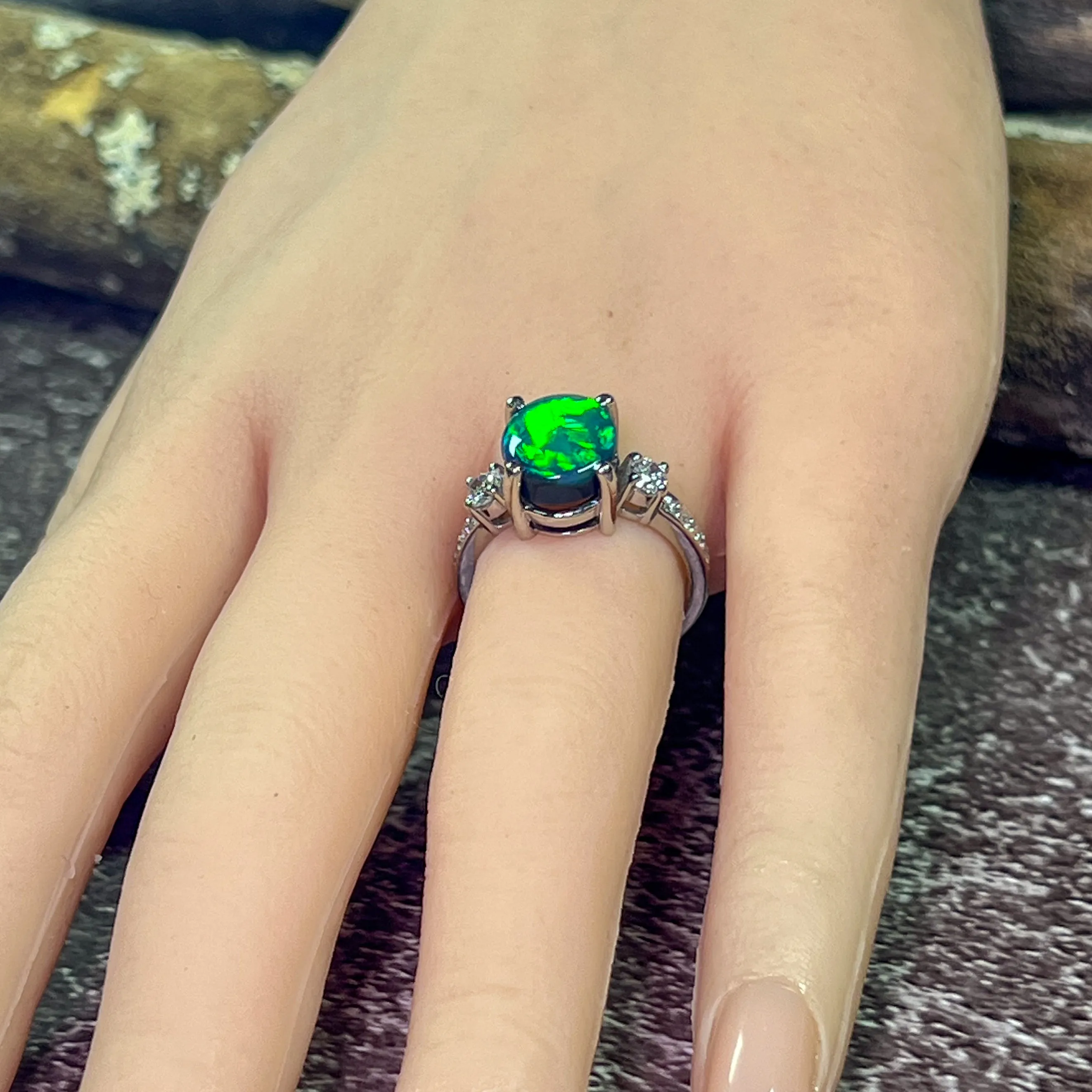 Platinum Black Opal green flash and diamond ring