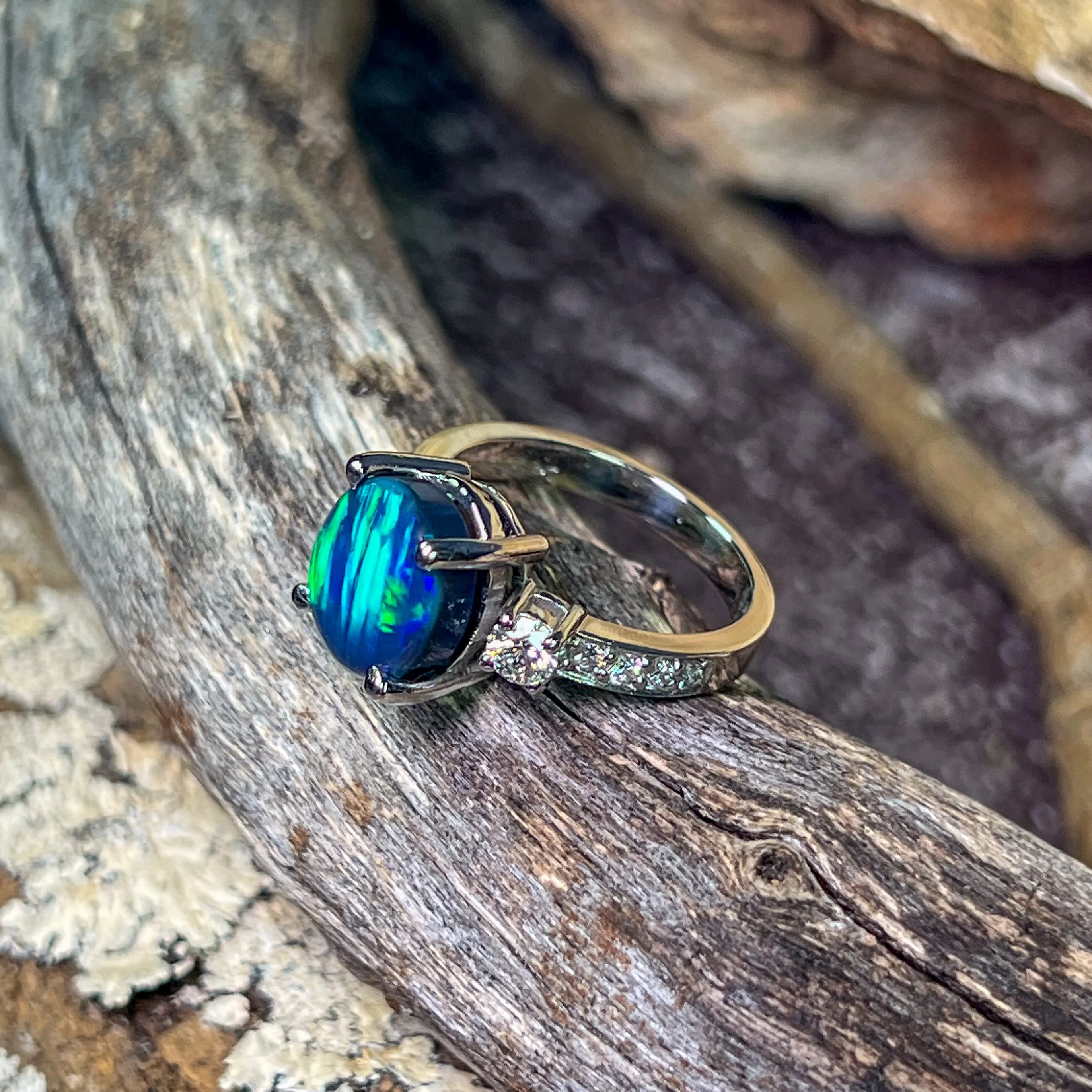 Platinum Black Opal green flash and diamond ring